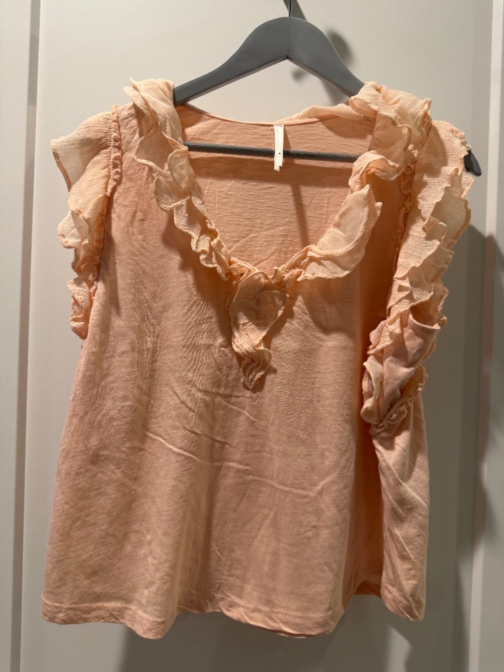 Anthropologie Pink Ruffle Shirt 100% Cotton V-Neck Medium